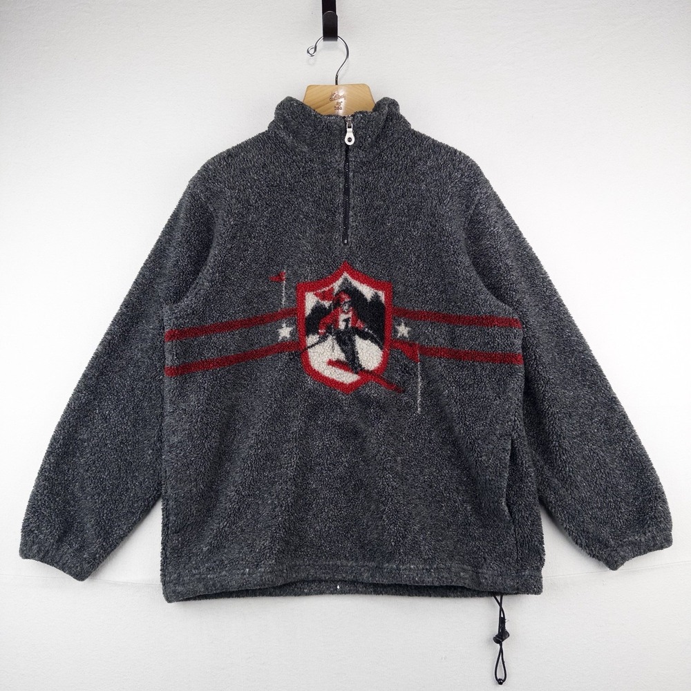 90's Vtg Lands End Skier Graphic Pullover Fleece Jacket Made USA Women's L 14-16